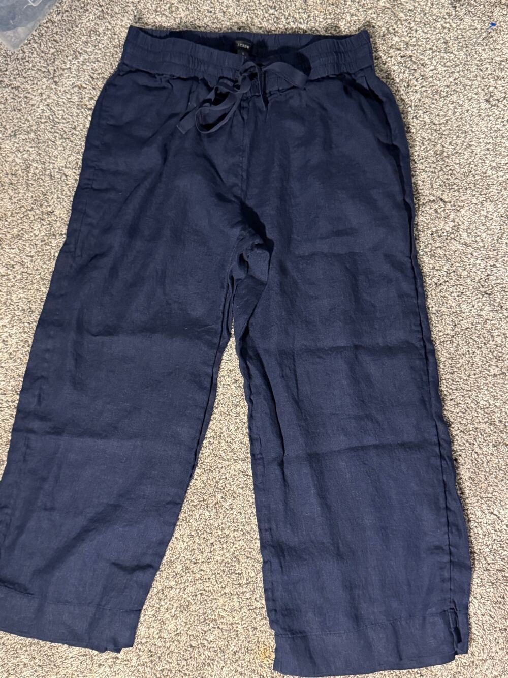 J.Crew Navy Blue 100% Linen Drawstring Elastic Waist Crop Pants Size S